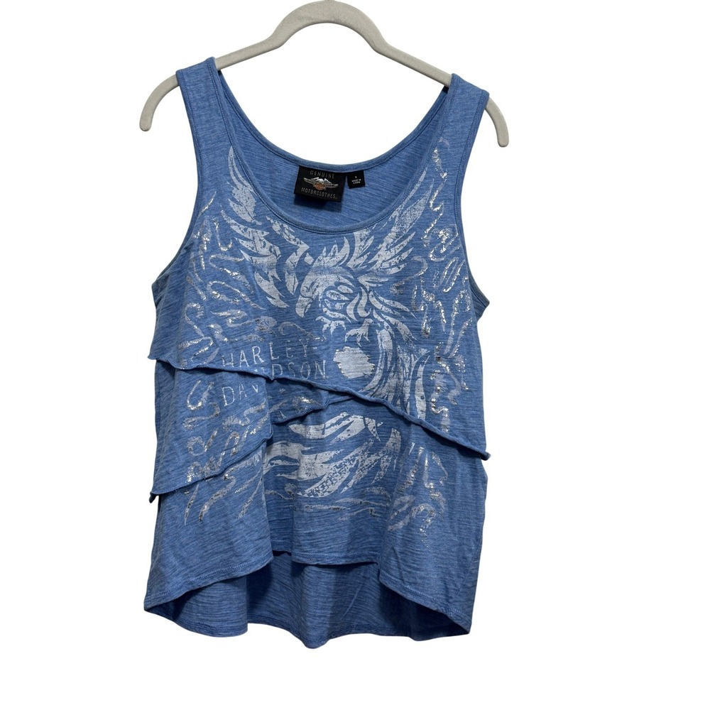 Harley-Davidson Womens Small Blue Silver Foil Eagle Tiered Tank Top Biker core